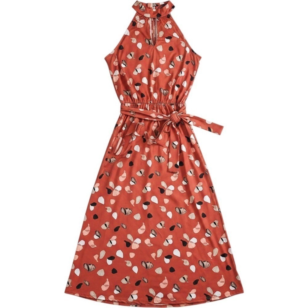 Women The Limited Halter Dress Small Orange Abstract Butterfly High Neck Midi